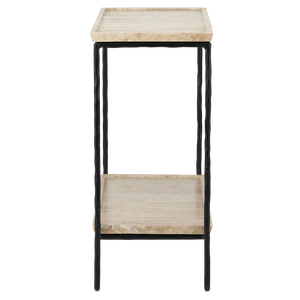 Boyles Modern Travertine Side Table with Unique Pitted Design & Black Forged Iron Base - 21.5" High