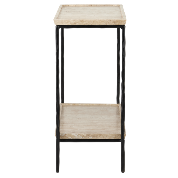 Boyles Modern Travertine Side Table with Unique Pitted Design & Black Forged Iron Base - 21.5" High