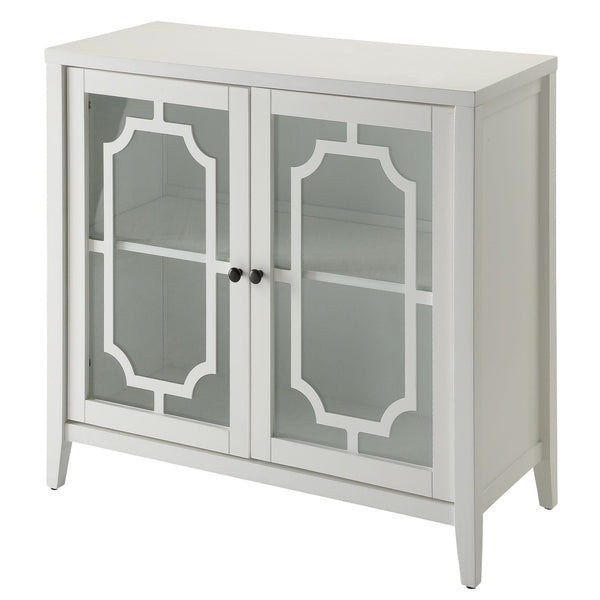 English Elm White Glass Door Console Table with Fretwork Design, Tapered Legs, Dust-Free Display & Storage (95) B062P185652