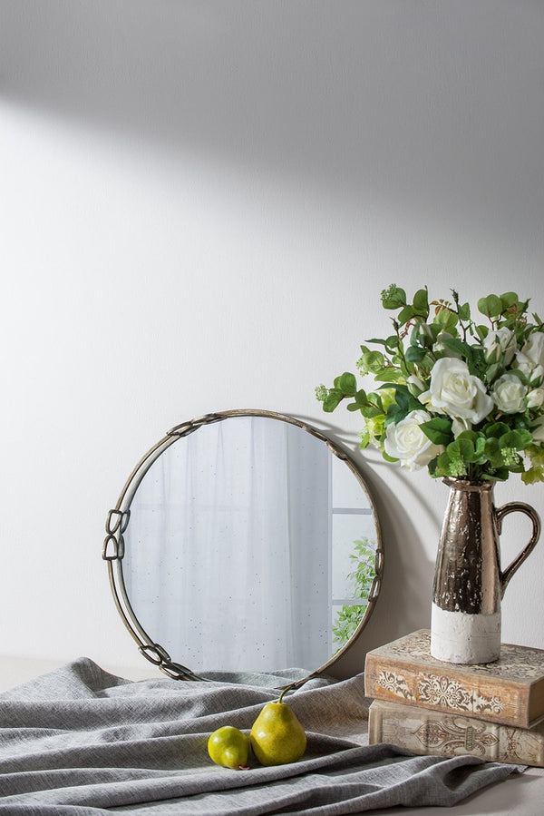 English Elm D18x2" Valentina Silver Round Mirror Tray with Distressed Openwork Frame, Speckled Glass Surface for Vanity Decor W2078P391069