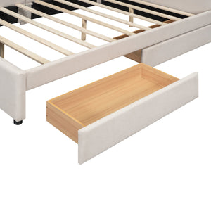 English Elm Queen Upholstered Platform Bed with Linen, 2 Storage Drawers & USB Ports, Beige, Sturdy 600lb Capacity DL000586AAA