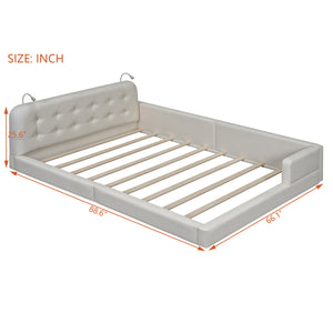 English Elm Queen PU Leather Upholstered Platform Bed with Built-In Dual Reading Lights and Sturdy 600lb Capacity White SF000186AAK