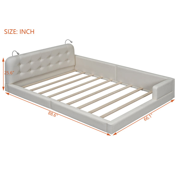 English Elm Queen PU Leather Upholstered Platform Bed with Built-In Dual Reading Lights and Sturdy 600lb Capacity White SF000186AAK