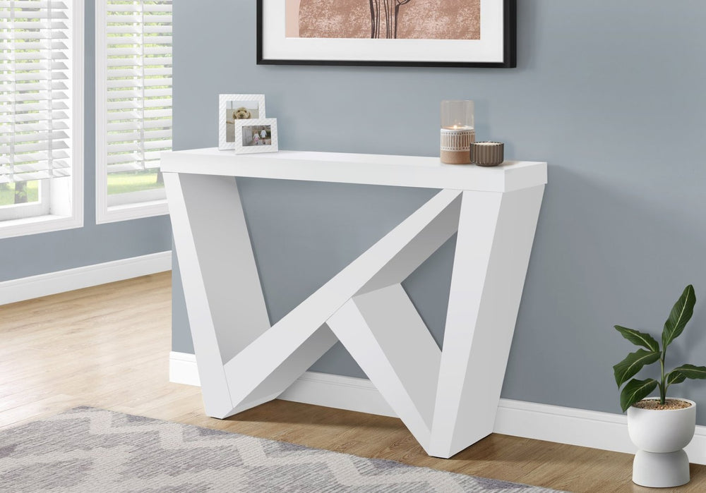 English Elm Accent Console Table White Laminate Sculptural Base Slim Entryway Modern Design B2710P219034