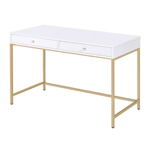 English Elm White White High Gloss and Gold 2-Drawer Writing Desk with Crystal Knobs, Sleek Contemporary Office Elegance B062P191050