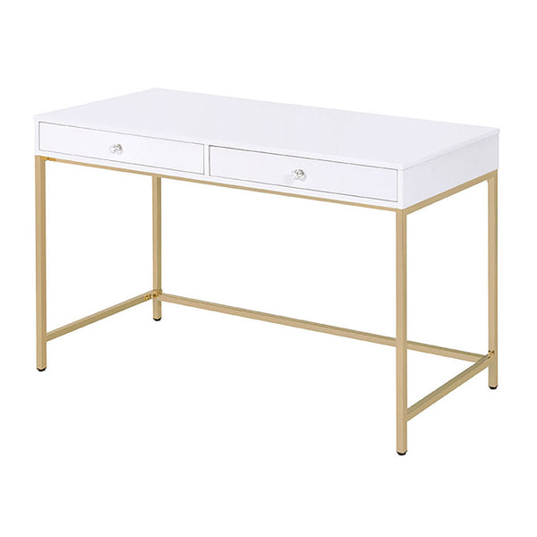 English Elm White White High Gloss and Gold 2-Drawer Writing Desk with Crystal Knobs, Sleek Contemporary Office Elegance B062P191050