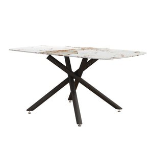 English Elm 63"x35.4" Luxurious Marble-Patterned Tempered Glass Dining Table with Gold Fork Legs, Scratch-Resistant Elegance Black W1151S03723
