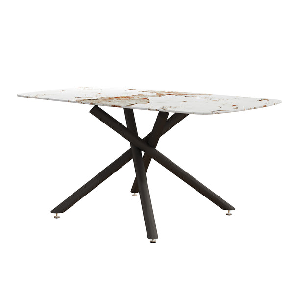 English Elm 63"x35.4" Luxurious Marble-Patterned Tempered Glass Dining Table with Gold Fork Legs, Scratch-Resistant Elegance Black W1151S03723