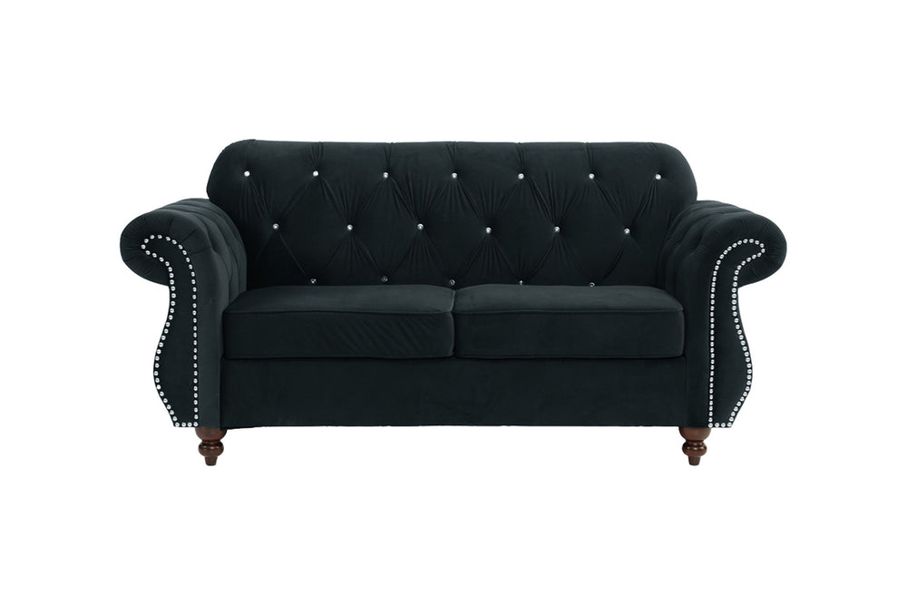 English Elm Formal Crystal-Tufted Velvet Loveseat with Rolled Arms and Silver Nailhead Trim for Elegant Living Rooms Black 34 L x 34 W x 16 H B011S01697