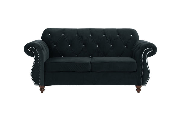 English Elm Formal Crystal-Tufted Velvet Loveseat with Rolled Arms and Silver Nailhead Trim for Elegant Living Rooms Black 34 L x 34 W x 16 H B011S01697