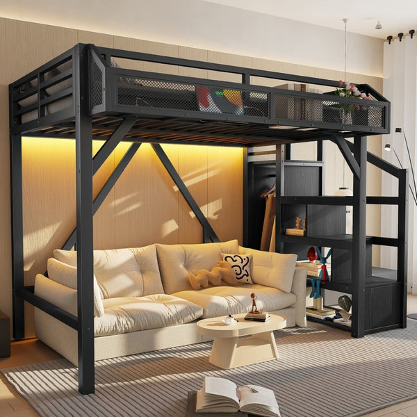 English Elm Twin Metal Loft Bed with Wardrobe Storage Stairs Led Lighting and Usb Ports W1580S00405