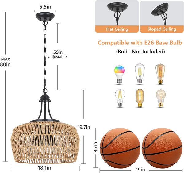 English Elm Large Farmhouse 5-Light Rattan Chandelier with Wicker Shades, 18" Boho Coastal Pendant for Dining Room W2738P185435