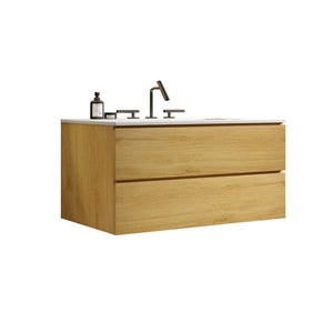 English Elm Tia 36" Natural Oak Wall-Mount Bathroom Vanity With Ceramic Sink, Soft-Close Drawers & Storage Space W1865S00069-GIGA