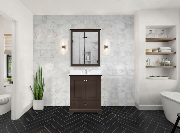 English Elm Espresso 30 in. Single Bath Vanity with Cultured Marble Top, Solid Wood, Soft-Close, Pre-Drilled Faucet B2731P258323