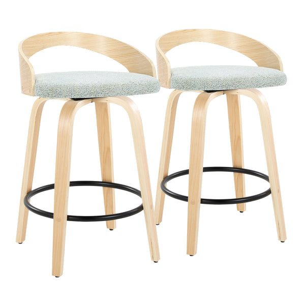 English Elm Grotto 26" Mid-Century Counter Stool Set of 2 — Swivel Green Upholstery, Wood Legs & Round Black Footrest B202S00310