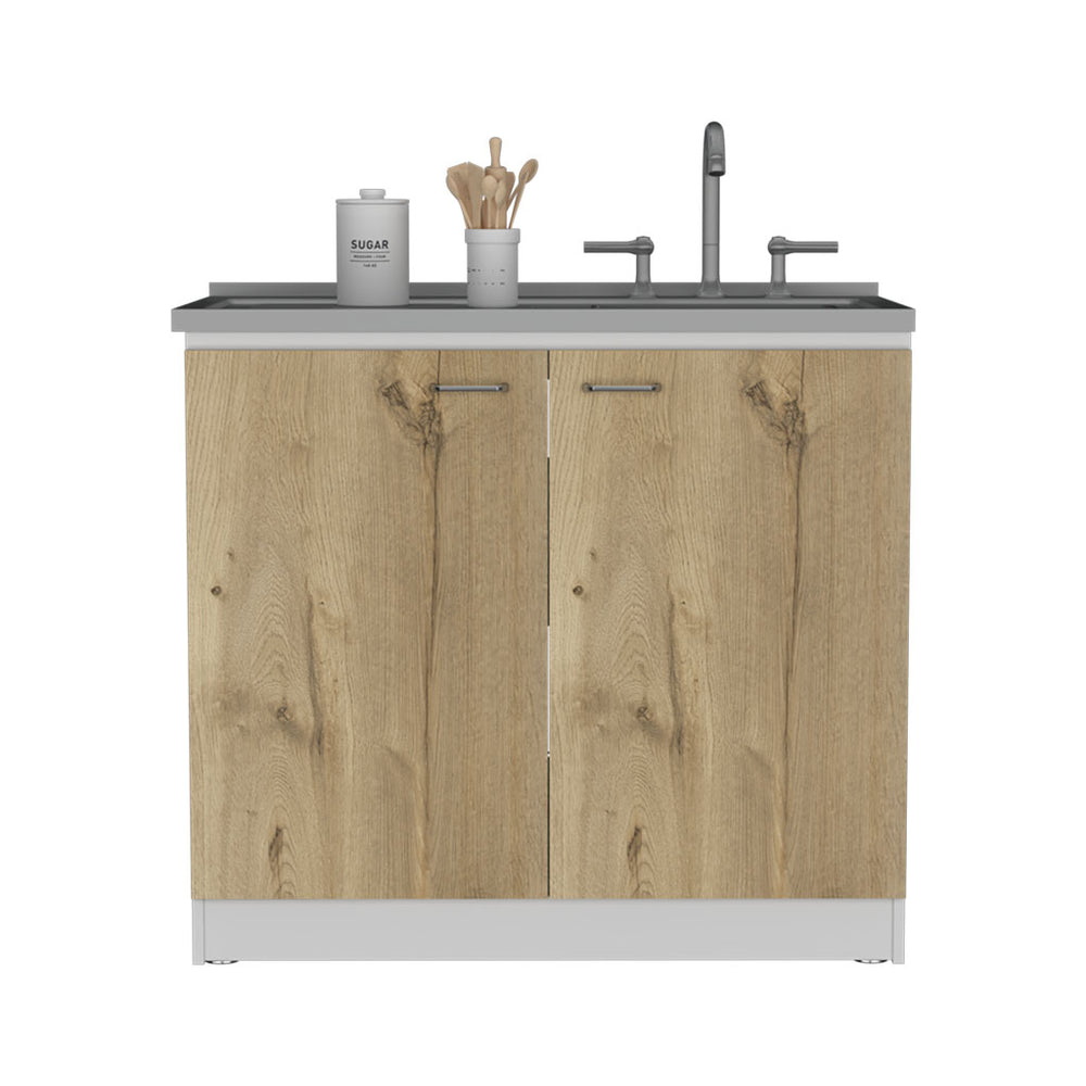 English Elm Freestanding Sink Cabinet With Double Doors & Two Shelves In White And Light Oak For Modern Kitchens B097S00137