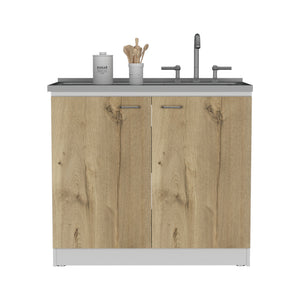 English Elm Freestanding Sink Cabinet With Double Doors & Two Shelves In White And Light Oak For Modern Kitchens B097S00137