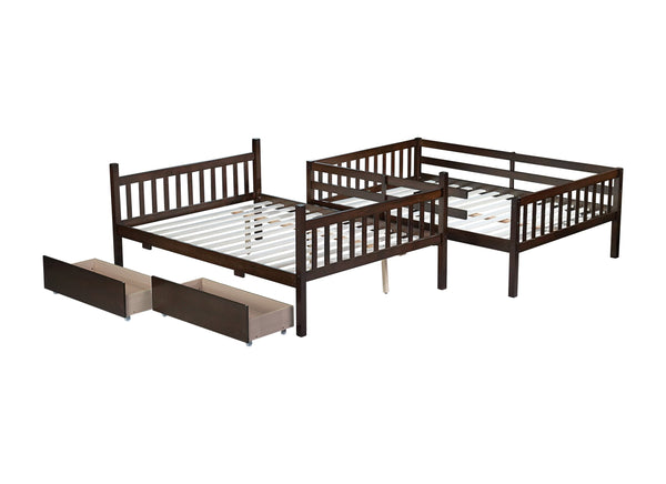 English Elm Full Full Over Full Rubber Wood Bunk Bed With 2 Storage Drawers, Convertible Into 2 Separate Beds, Espresso W504S00196