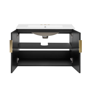 English Elm 30" Vintage Bathroom Vanity with Ceramic Sink — Wall-Mount MDF & Solid Wood Cabinet, Storage, Sleek Finish Black N710P214100B