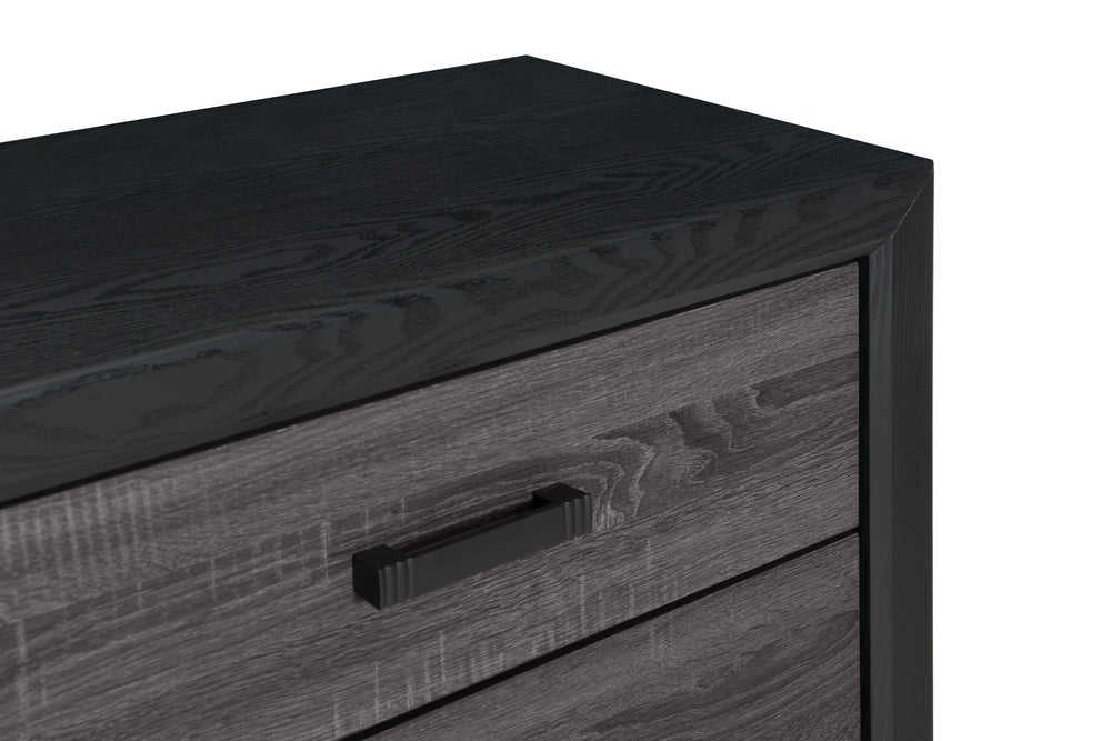 English Elm SOLUTO Five-Drawer Chest in Two-Tone Grey and Black Finish — Urban Farmhouse Solid Wood Design Black+ Gray 34.65 L x 19.69 W x 48.82 H B201P226195