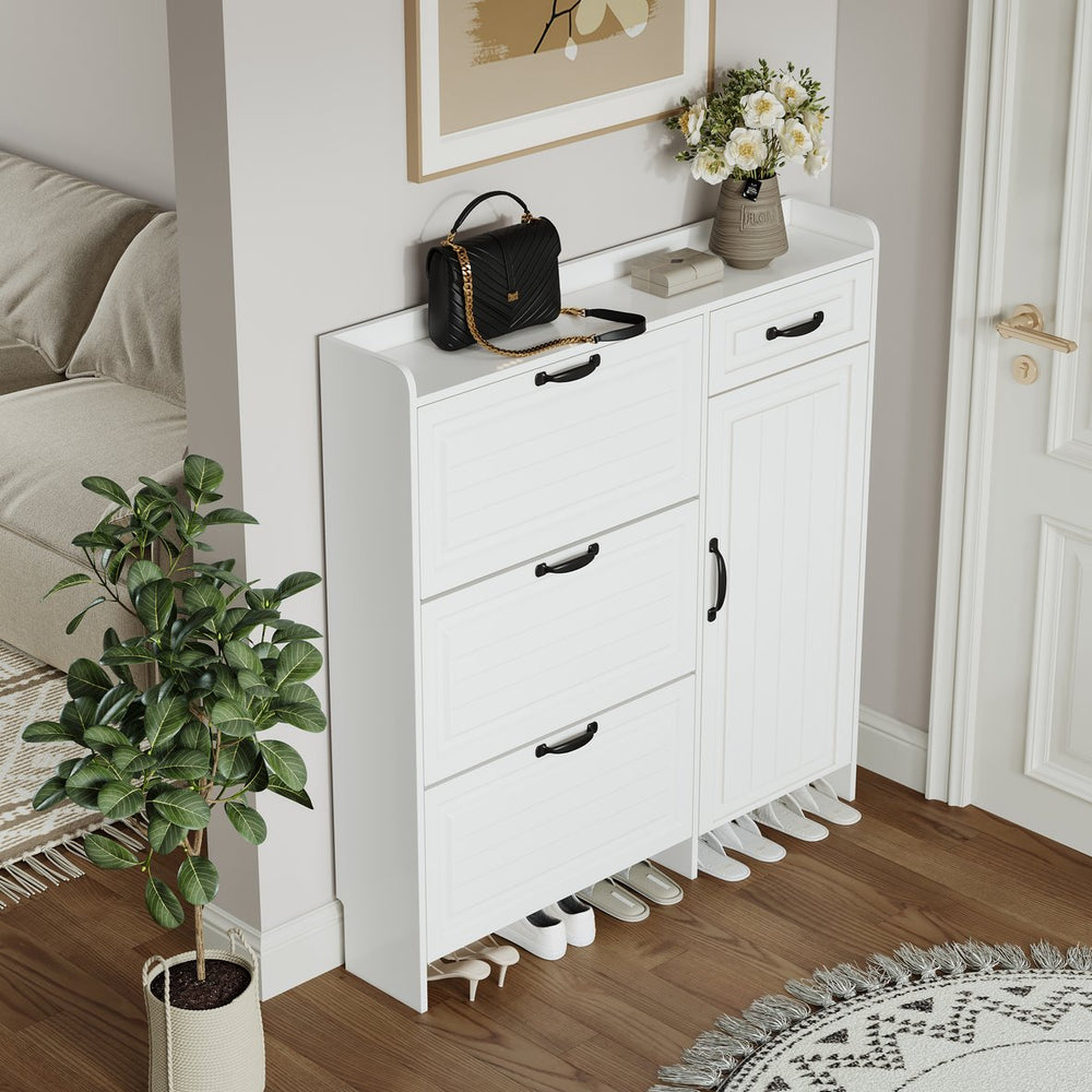 English Elm White White shoe cabinet with 3 drop-down doors and 2 drawers, slim MDF storage for narrow hallways, dustproof organizer, flat-pack assembly included W1320P147738