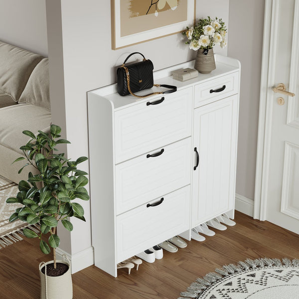 English Elm White White shoe cabinet with 3 drop-down doors and 2 drawers, slim MDF storage for narrow hallways, dustproof organizer, flat-pack assembly included W1320P147738