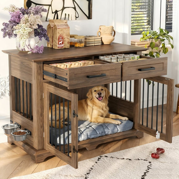 English Elm 44.48" Wooden Dog Crate End Table with Drawers Rotating Bowls Farmhouse Pet Kennel Brown N704P379112D