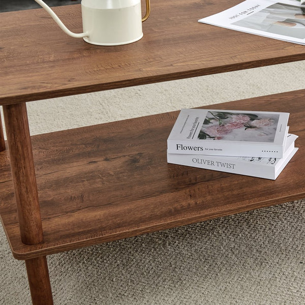 English Elm Modern 2-Tier Coffee Table with Open Shelf, Solid Wood + MDF, Rounded Legs, Durable Farmhouse Style Walnut W3226P279108