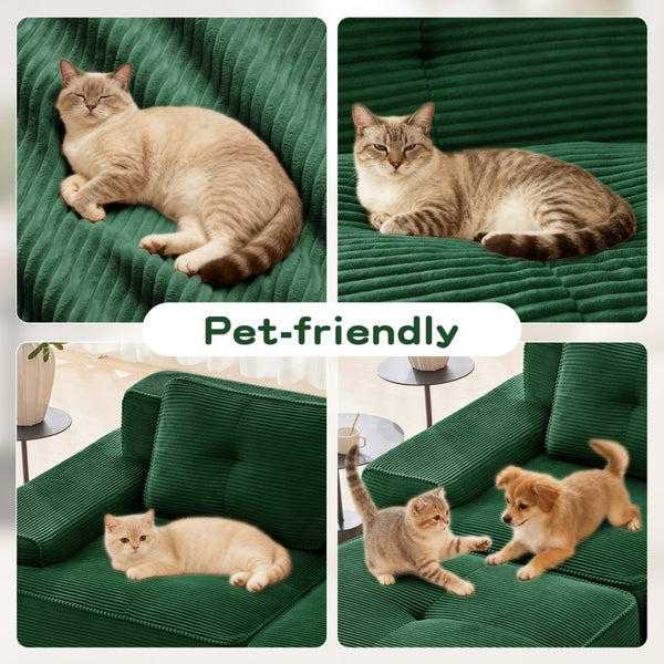 English Elm Modern Corduroy Sectional Sofa Deep Seat V Shape Tufted Couch with Movable Ottoman Green W714S01582