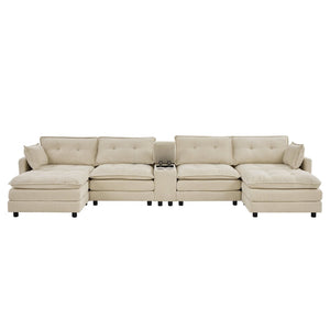 English Elm 154" Corduroy U-shaped Sectional with Ottomans Six Seat Modular Cloud Sofa Usb Console Beige W1998S00101