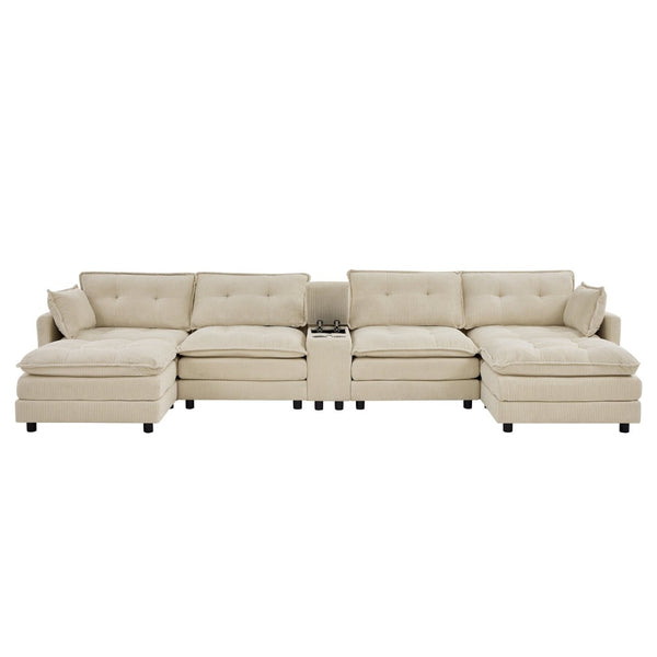 English Elm 154" Corduroy U-shaped Sectional with Ottomans Six Seat Modular Cloud Sofa Usb Console Beige W1998S00101