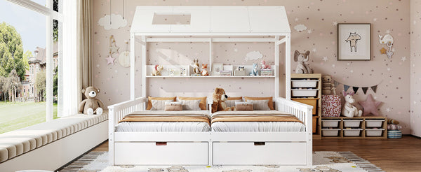 English Elm Double Twin House Bed Pine Wood Frame Kids Playhouse Bunk with Storage Drawers White W5305S00006