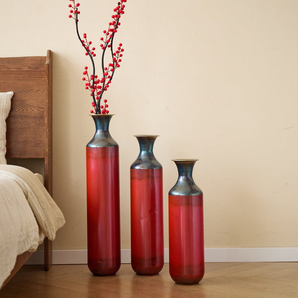 English Elm Floor Red Metal Vase Set 3-Piece Droplet Sculptures — Modern Glazed Tall Decorative Vases for Home W2796P371277