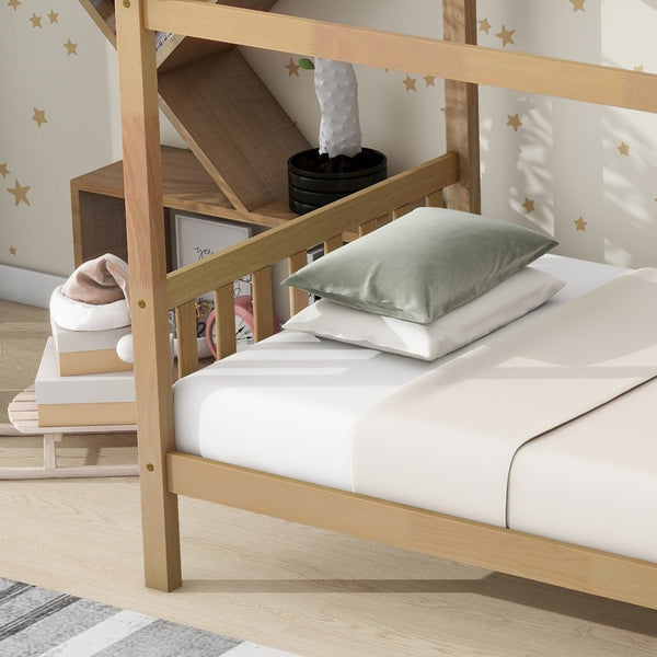 English Elm Twin House Frame Bed Solid Rubberwood Pitched Roof Headboard Kids Room White Oak W504P360081