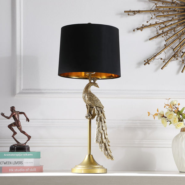 English Elm 29" Golden Peacock Table Lamp on Pedestal - Polyresin Art Sculpture, Black Gold-Lined Shade, 29" B072P222439