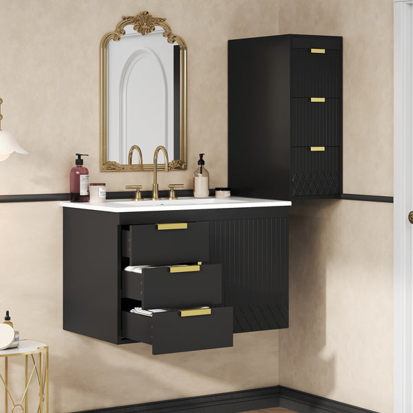 English Elm 30" Bathroom Vanity with Sink — Wall-Mounted Ceramic Basin, Soft-Close Storage, Floating Modern Design Black N710S324096B