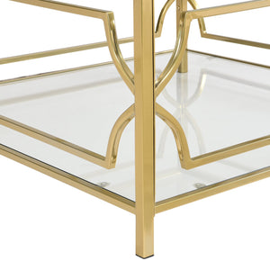 English Elm Square Glass Coffee Table 33.5" — Modern Tempered Glass Top with Gold Geometric Metal Frame & Shelf Transparent N735P326510K