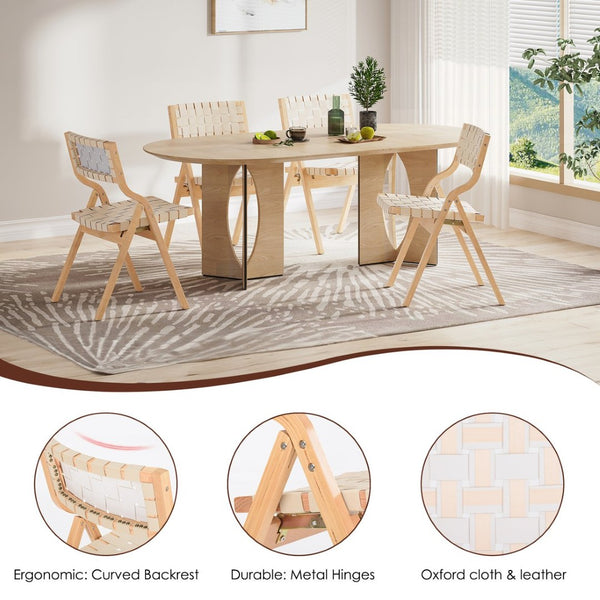 English Elm Wood Folding Dining Chairs with Rattan Woven Seat and Webbing Back Set of 2 Beige,Natural T3623P431378
