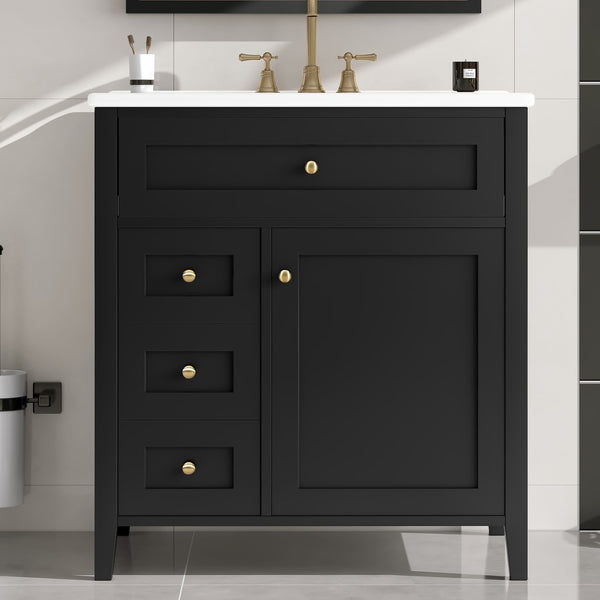 English Elm 30-Inch Contemporary Bathroom Vanity with Sink, MDF & Rubberwood, Glossy Finish, 3 Drawers + Cabinet Black N725P350819B