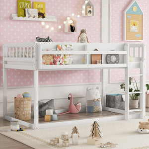 English Elm Low Low Twin Over Twin Bunk Bed with Ladder, Solid Wood Low-Profile Kids Bed Frame, Sturdy Design White 81.1 L x 13.58 W x 6.49 H W2593P375482
