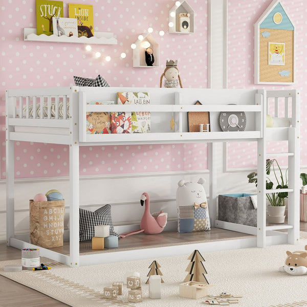 English Elm Low Low Twin Over Twin Bunk Bed with Ladder, Solid Wood Low-Profile Kids Bed Frame, Sturdy Design White 81.1 L x 13.58 W x 6.49 H W2593P375482