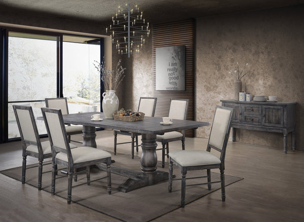 English Elm Leventis Weathered Gray 7PC Dining Set with 88" Trestle Table & Cream Linen Padded Chairs, Sturdy B2726S00382