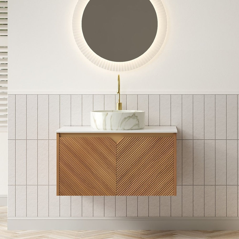 English Elm Muri Floating Bathroom Vanity Plywood Cabinet Sintered Stone Top Oak Drawer W2615S00528