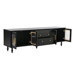 English Elm ON-TREND Retro Fluted Glass TV Stand for TVs up to 78" — Vintage Media Console with 2 Drawers, 2 Cabinets, Durable Black Finish WF325997AAB