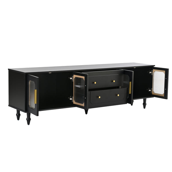 English Elm ON-TREND Retro Fluted Glass TV Stand for TVs up to 78" — Vintage Media Console with 2 Drawers, 2 Cabinets, Durable Black Finish WF325997AAB
