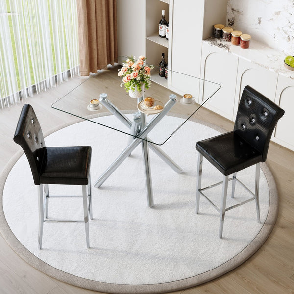 English Elm Modern Tempered Glass Pub Table Set Chrome X-base Stools for Kitchen or Home Bar W3875S00035
