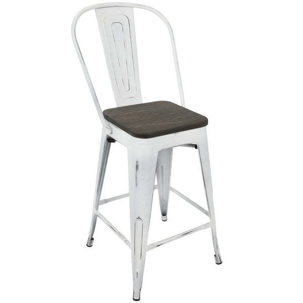 English Elm Oregon Industrial High Back Counter Stool Set of 2 — Vintage White & Espresso, Steel Frame, Bamboo Seats, Rustic Charm B202P222416