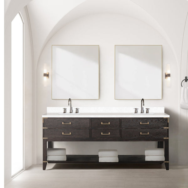 English Elm Brown Oak Double Bath Vanity With White Quartz Top, Soft-Close Drawers, Faucet Set Included, 80" W B2731P260339