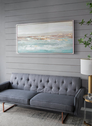 English Elm 59.1x29.5x1.5" Framed Abstract Ocean Painting in Champagne Gold Frame — Misty Blue & Metallic Accent Art (59.1x29.5x1.5) W2078P318300