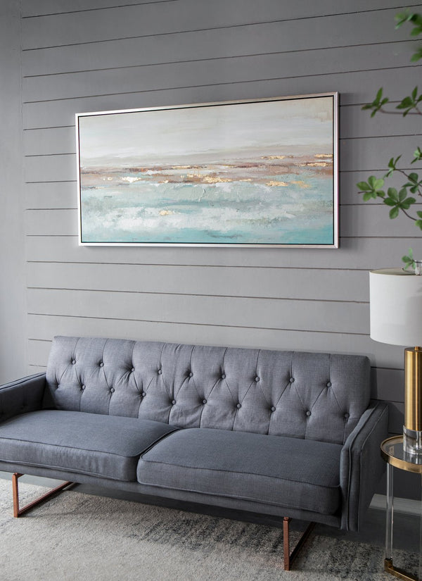 English Elm 59.1x29.5x1.5" Framed Abstract Ocean Painting in Champagne Gold Frame — Misty Blue & Metallic Accent Art (59.1x29.5x1.5) W2078P318300